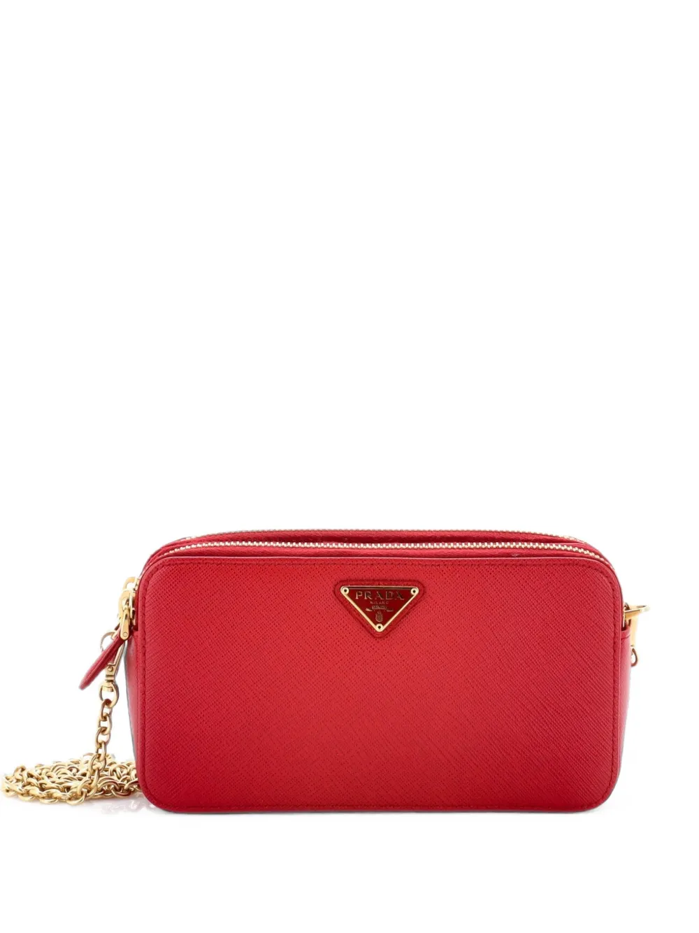 Prada Pre-Owned mini pochette portefeuille à bandoulière chaîne en cuir Saffiano à double fermeture zippée - Rouge Prada Pre-Owned mini pochette portefeuille à bandoulière chaîne en cuir Saffiano à double fermeture zippée - Rouge