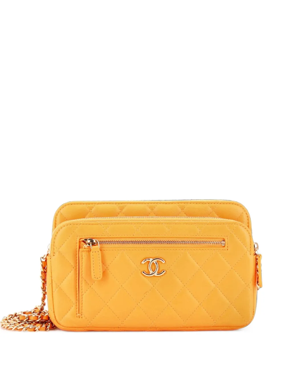 CHANEL Pre-Owned Front Pocket Double Zip Clutch with Chain Quilted Lambskin Small crossbody bag - Arancione