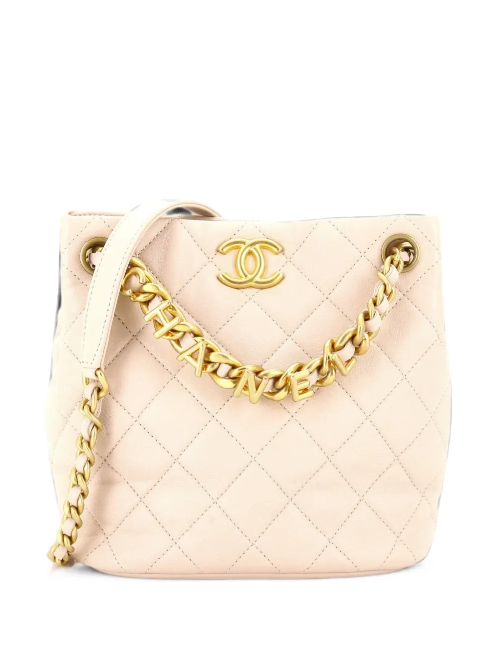 CHANEL Pre-Owned Logo Letters Drawstring Chain Quilted Goatskin bucket bag - Toni neutri