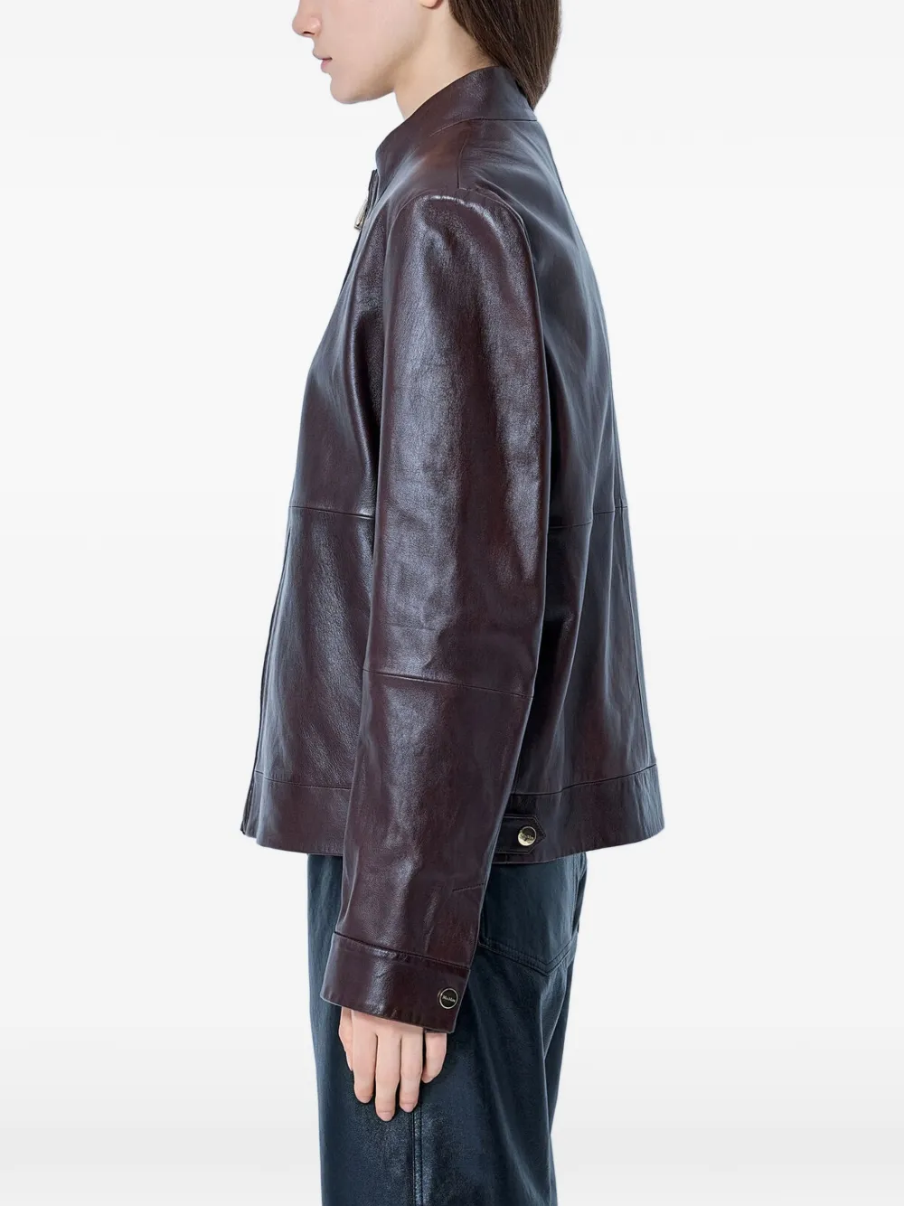 Max Mara Leren jack met hoge kraag Bruin