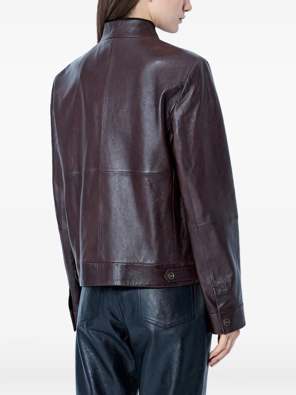 Max Mara Leren jack met hoge kraag Bruin