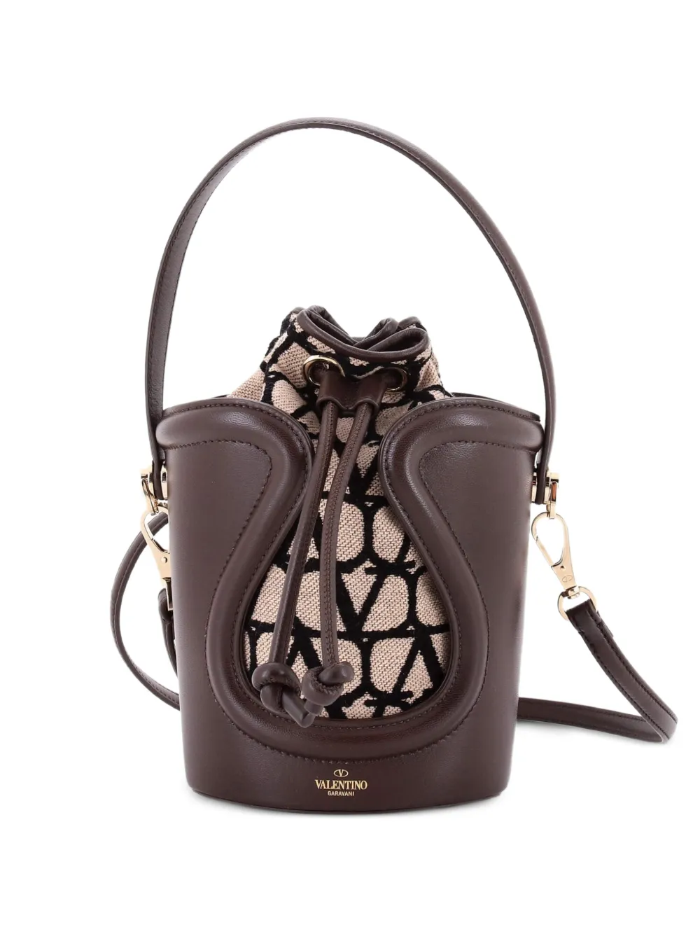 Valentino Garavani Pre-Owned La Cinquieme Toile Iconograph Fabric with Leather bucket bag - Braun