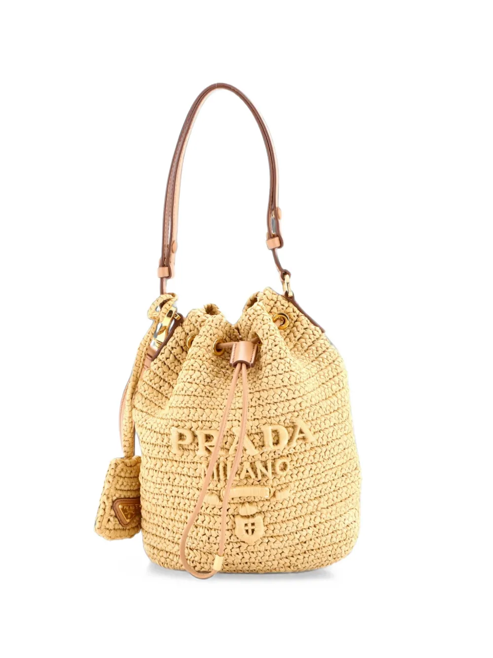 Prada Pre-Owned sac seau en raphia à logo format mini - Tons neutres Prada Pre-Owned sac seau en raphia à logo format mini - Tons neutres