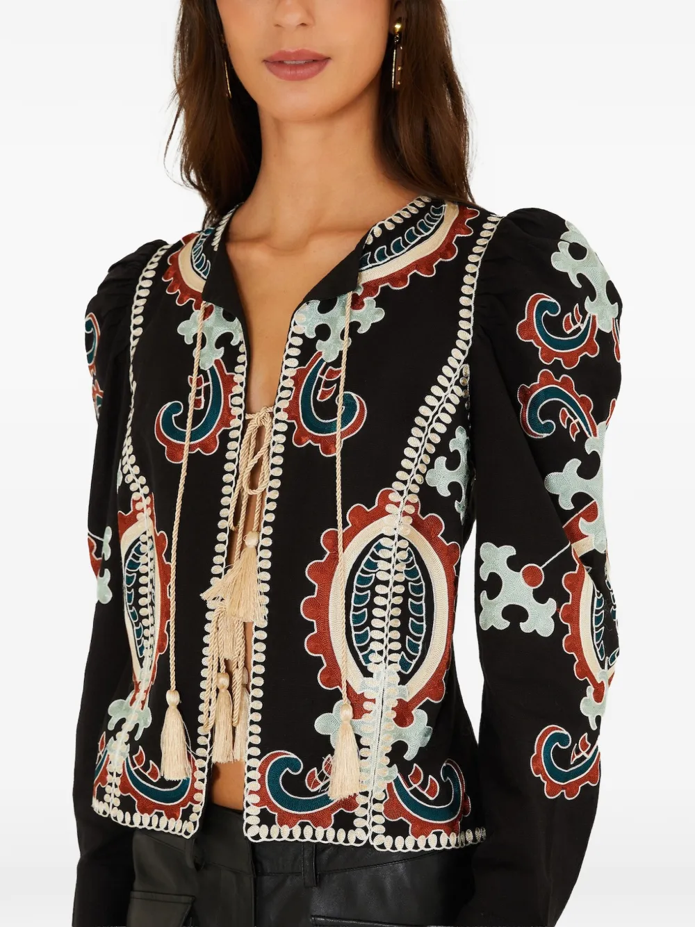 FARM Rio embroidered tassel-detail top