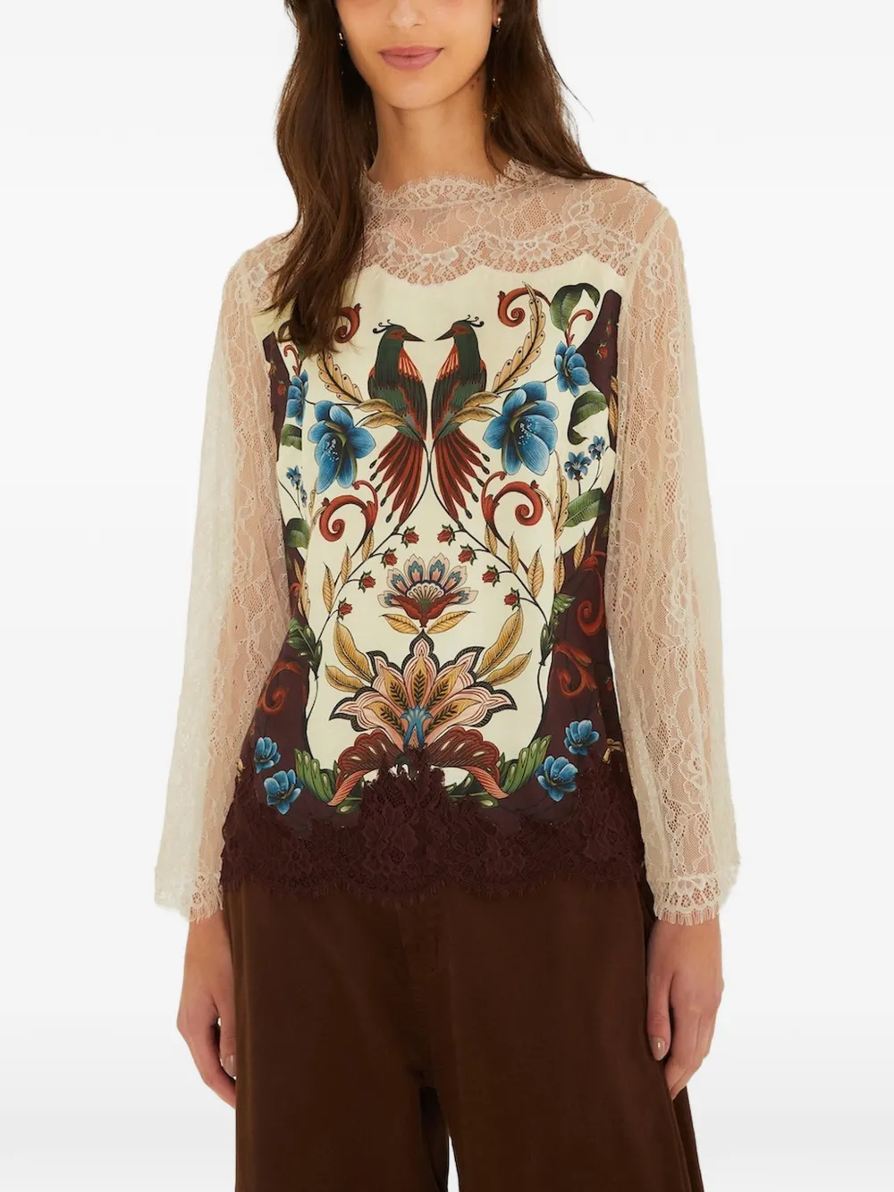 FARM Rio lace-panelled graphic-print top