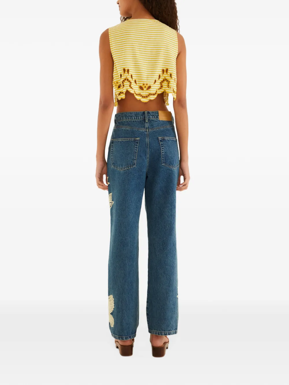 FARM Rio denim birds-embroidered pants Blauw