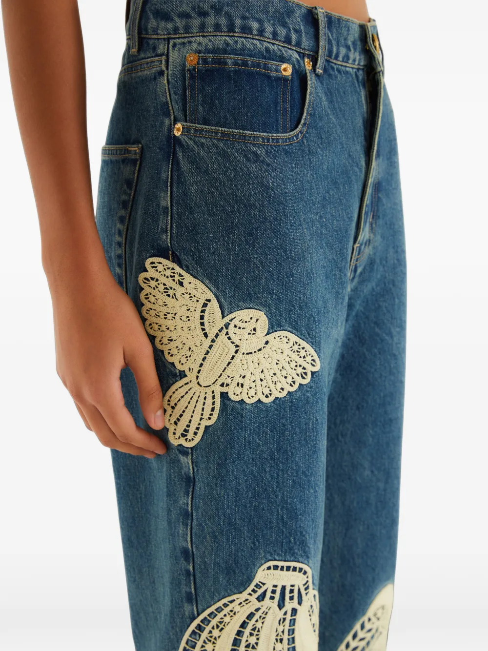 FARM Rio denim birds-embroidered pants Blauw