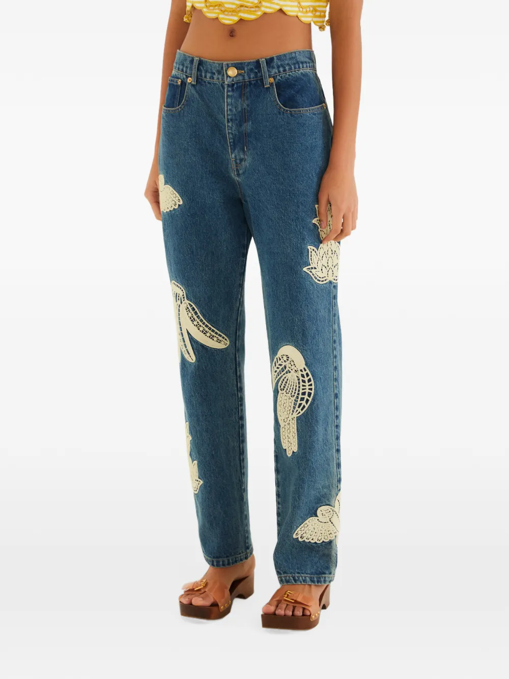 FARM Rio denim birds-embroidered pants - Blau