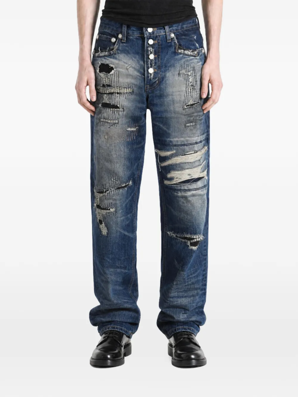 THUG CLUB distressed-patchwork jeans Blauw