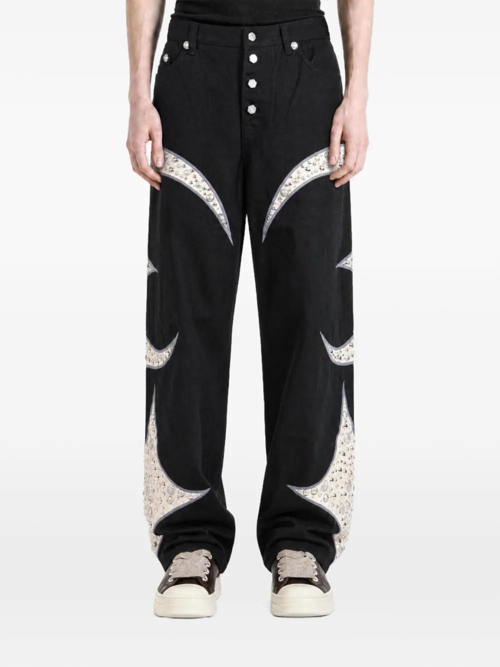 THUG CLUB Iron Steel Focus studded patchwork jeans Zwart