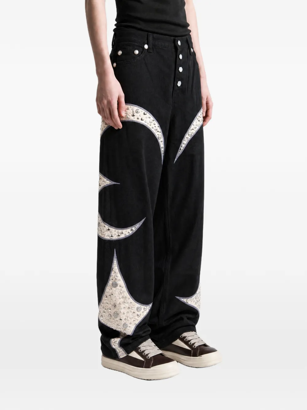 THUG CLUB Iron Steel Focus studded patchwork jeans Zwart