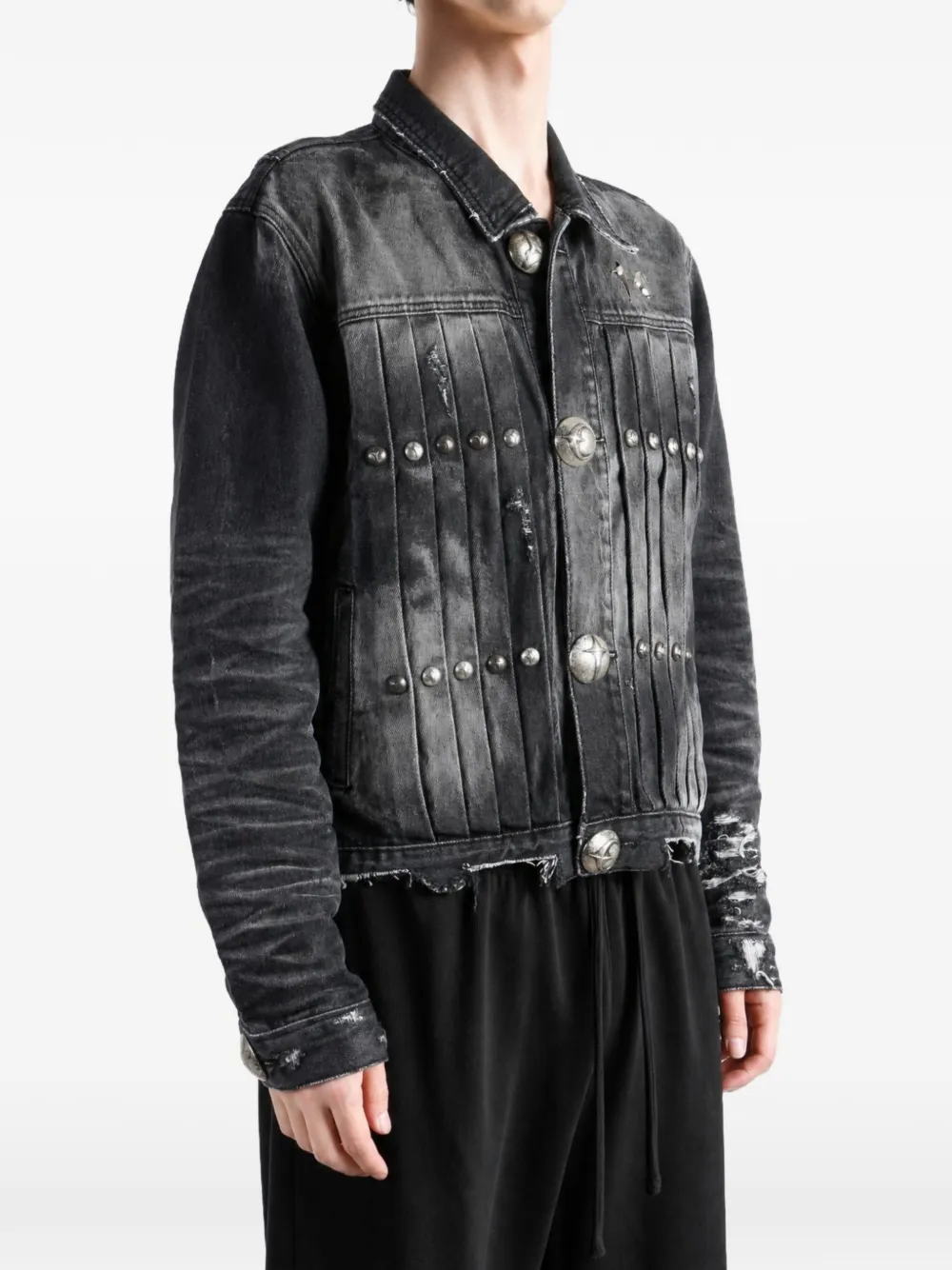 THUG CLUB Extendo studded pleated denim jacket Zwart