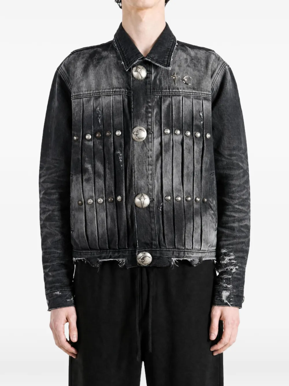 THUG CLUB Extendo studded pleated denim jacket Zwart