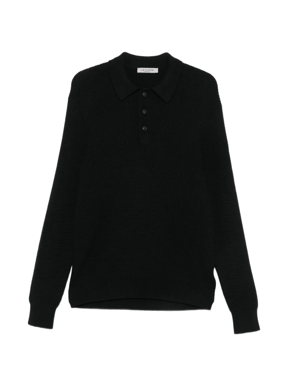 Fileria Waffle-knit Long-sleeve Polo Shirt In Black