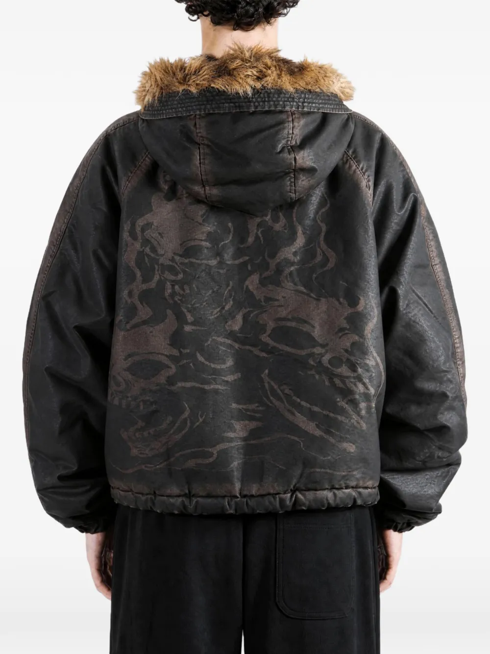 THUG CLUB Three Riding Skull faded faux-fur-trim jacket Zwart