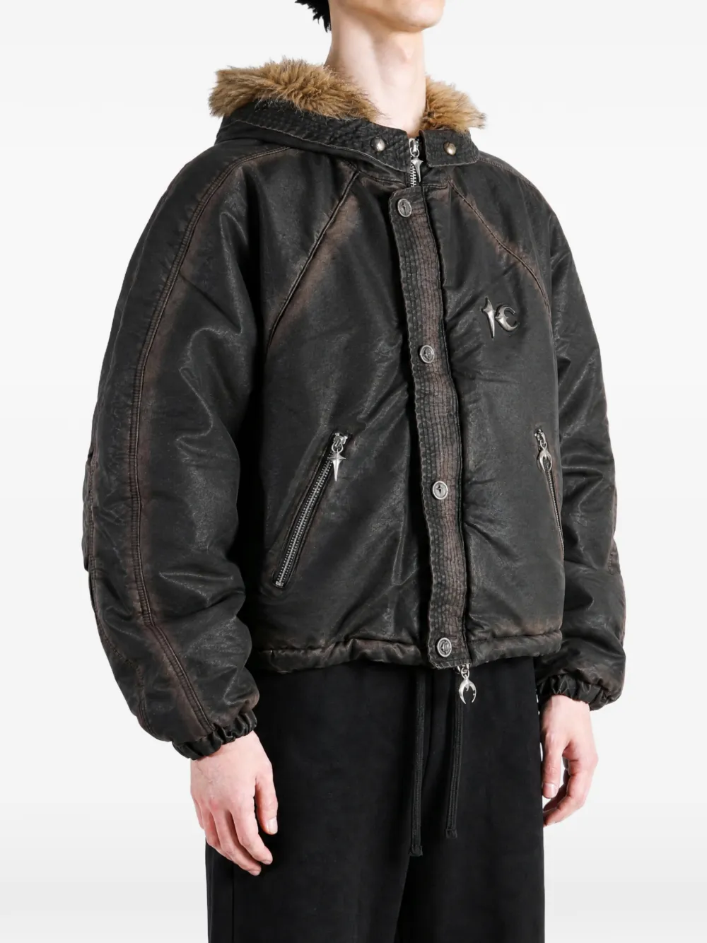 THUG CLUB Three Riding Skull faded faux-fur-trim jacket Zwart