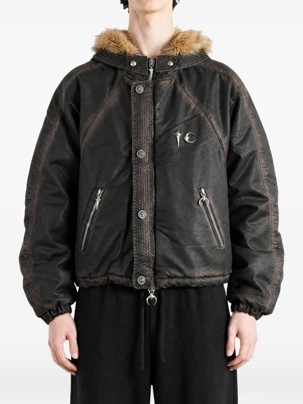 THUG CLUB Three Riding Skull faded faux-fur-trim jacket Zwart