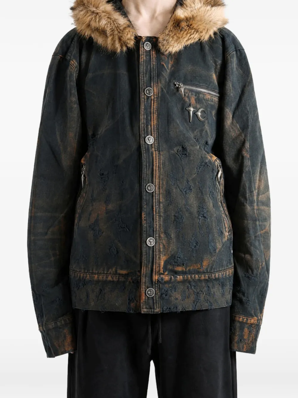 THUG CLUB distressed faux-fur-trim jacket Zwart