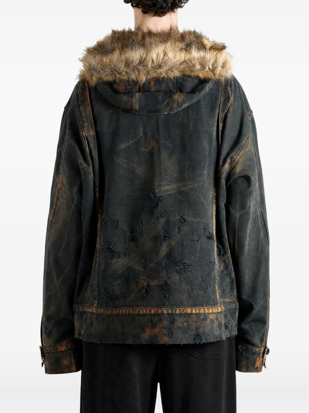 THUG CLUB distressed faux-fur-trim jacket Zwart