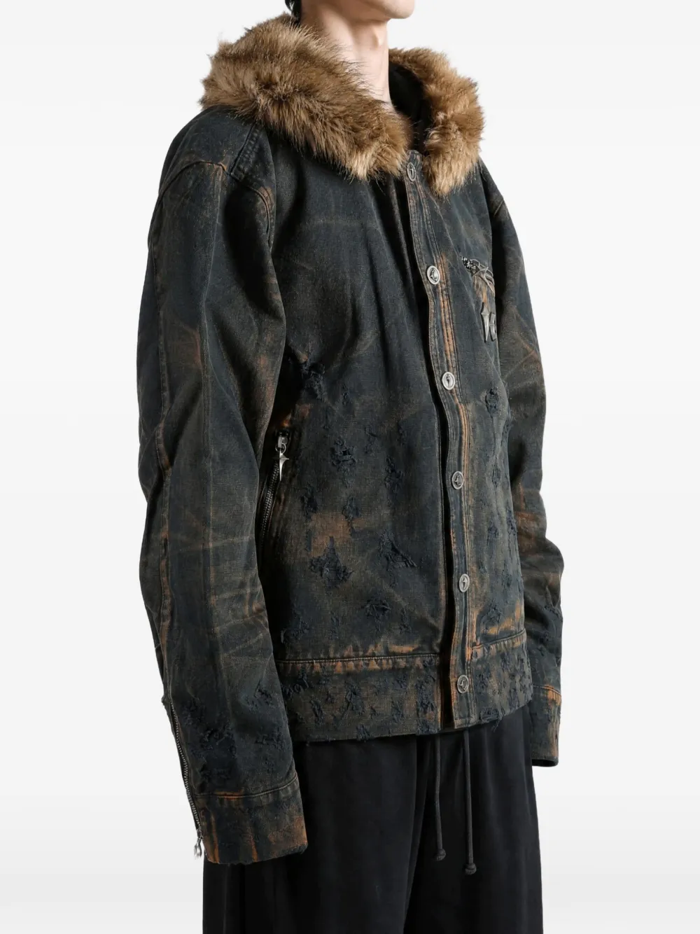 THUG CLUB distressed faux-fur-trim jacket Zwart