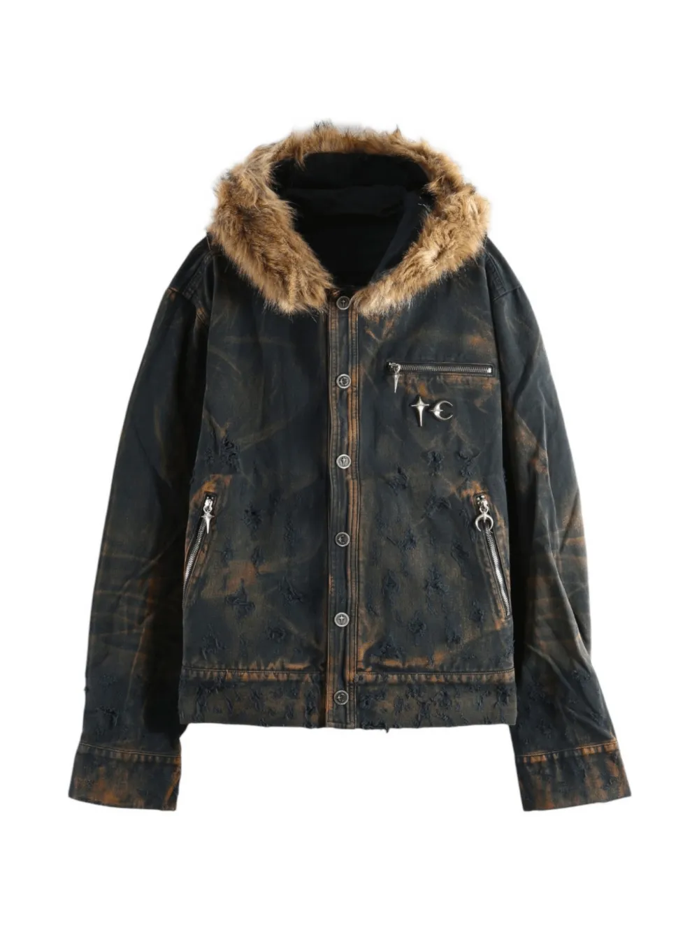 THUG CLUB distressed faux-fur-trim jacket Zwart