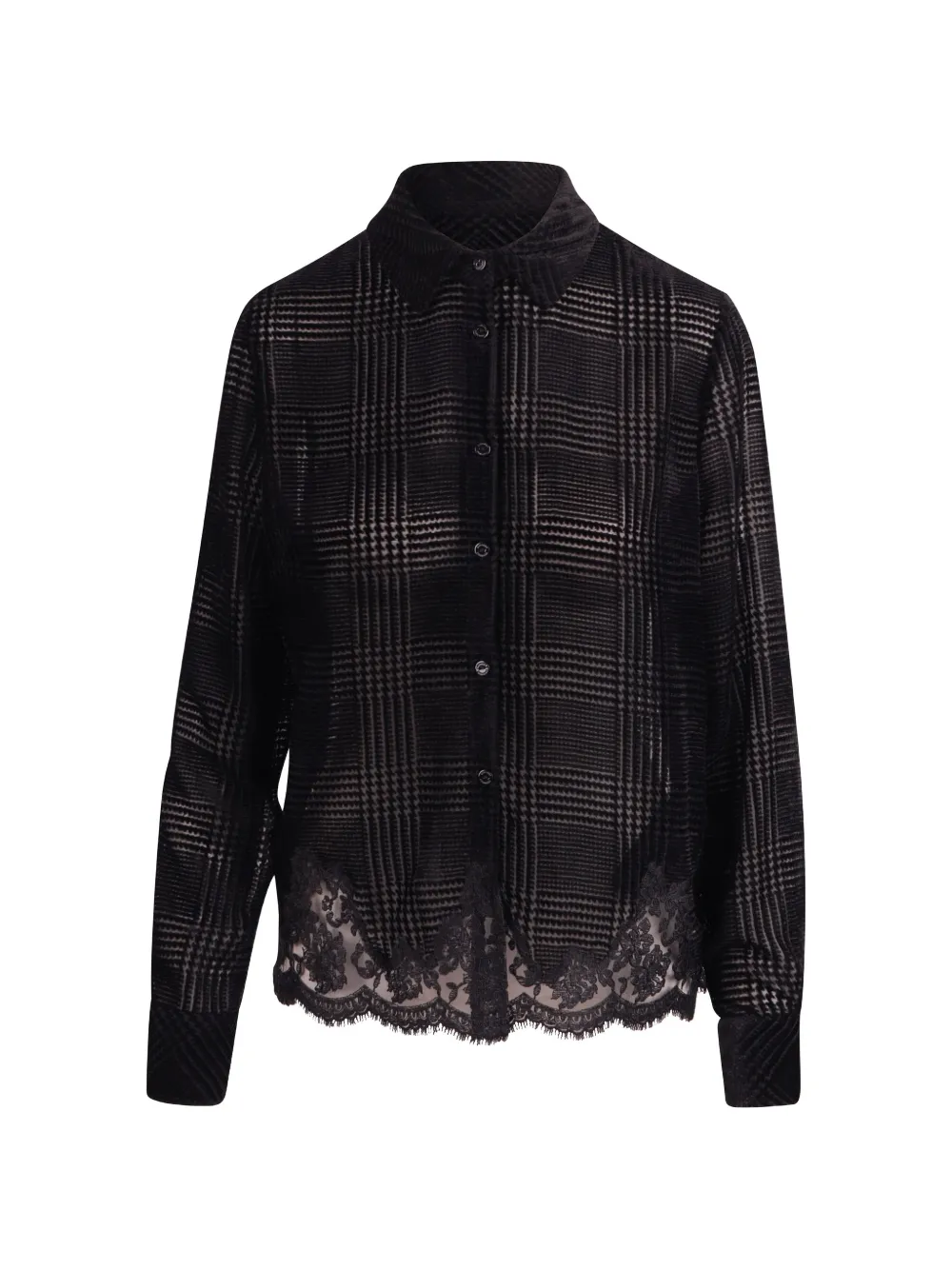 ERMANNO FIRENZE lace-trim Prince of Wales check shirt Zwart