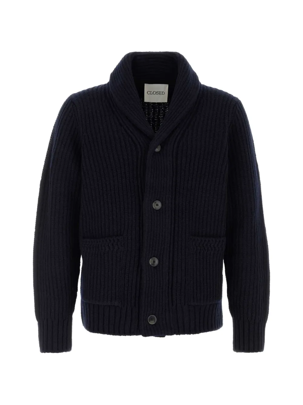 Closed ribbed-knit shawl-collar cardigan - Bleu Closed ribbed-knit shawl-collar cardigan - Bleu