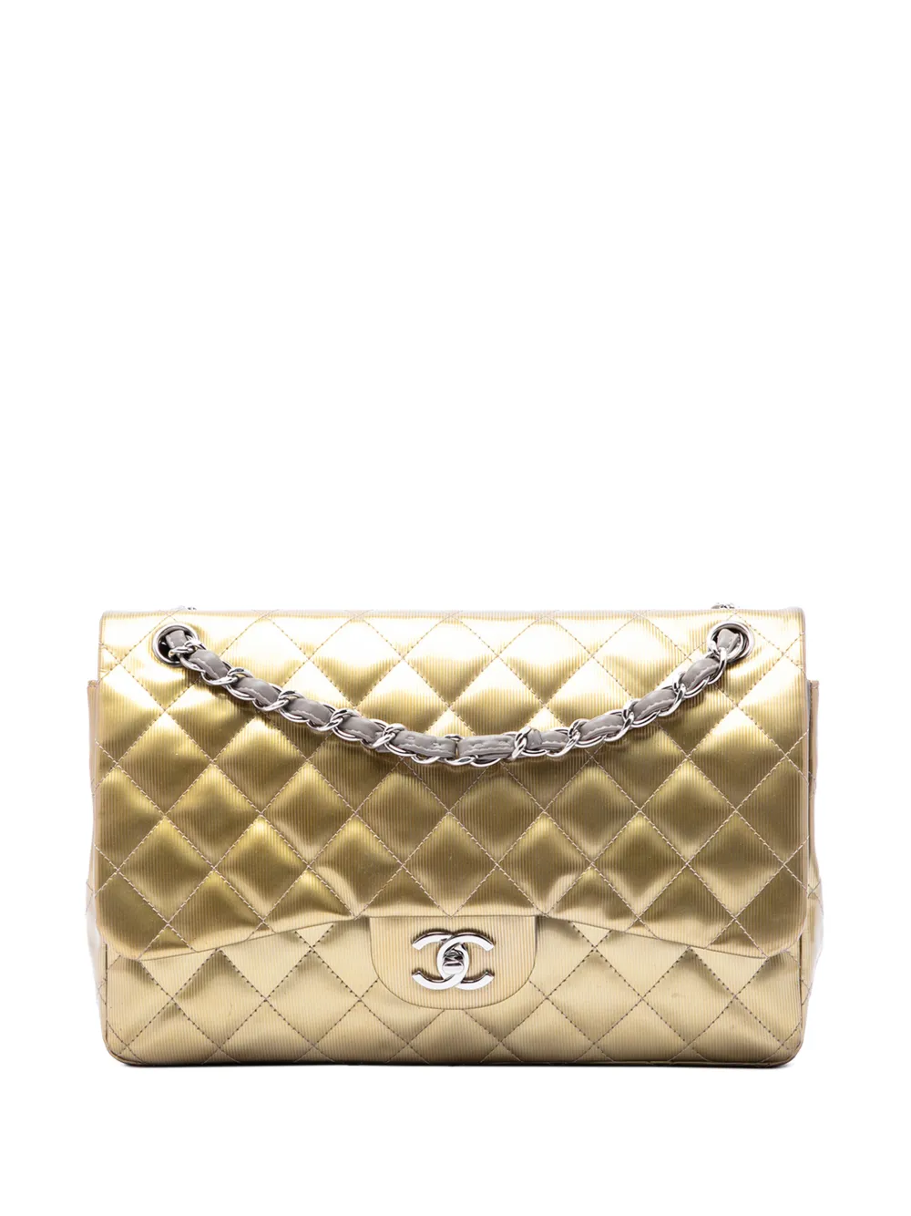 CHANEL Pre-Owned 2012 Jumbo Classic Metallic Striated Patent Double Flap shoulder bag - Oro