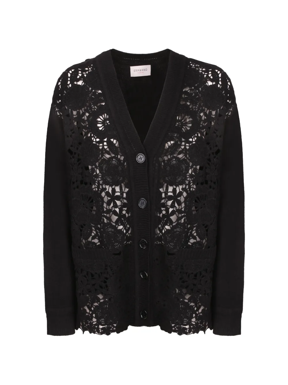 ERMANNO FIRENZE floral-embroidered lace-panel cardigan - Nero
