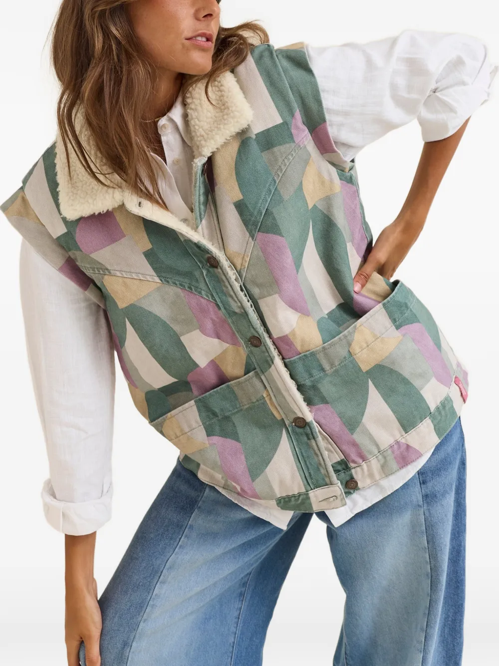 Favorite People Crayons geometric-pattern sherpa-collar gilet - Multicolore