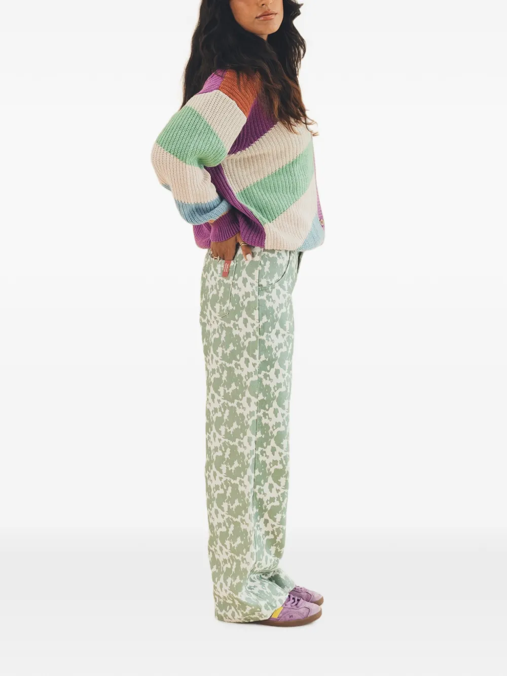 Favorite People Crush broek met wijde pijpen en koeienprint Groen