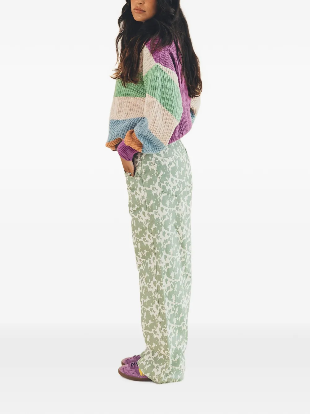 Favorite People Crush broek met wijde pijpen en koeienprint Groen