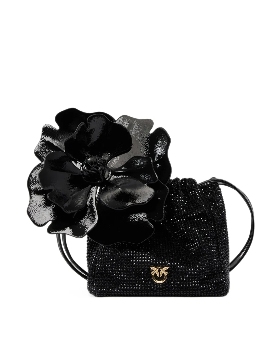 PINKO shoulder bucket bag in fully rhinestone fabric with flower