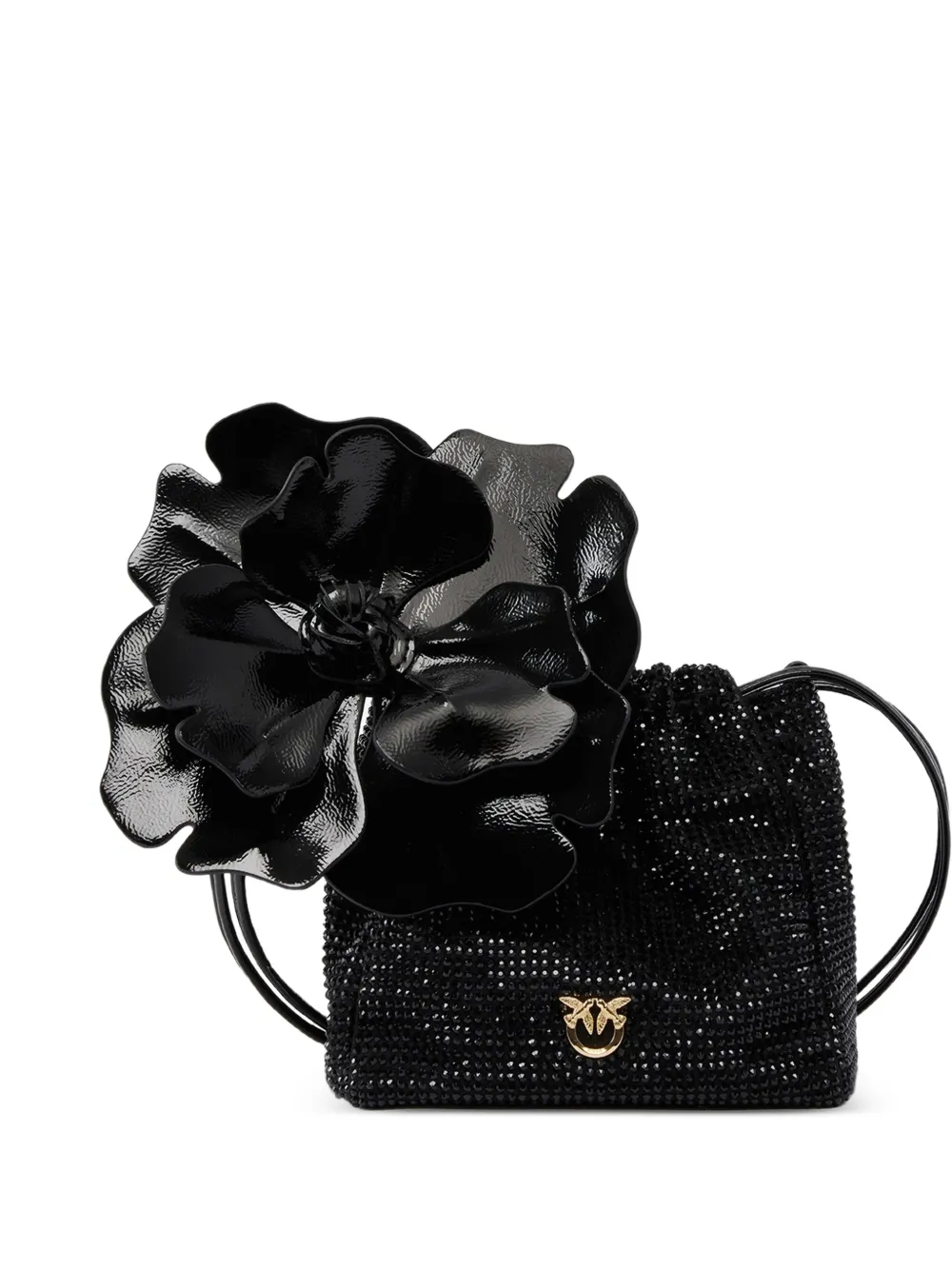 PINKO sac seau porté épaule en tissu entièrement strassé avec fleur - Noir PINKO sac seau porté épaule en tissu entièrement strassé avec fleur - Noir