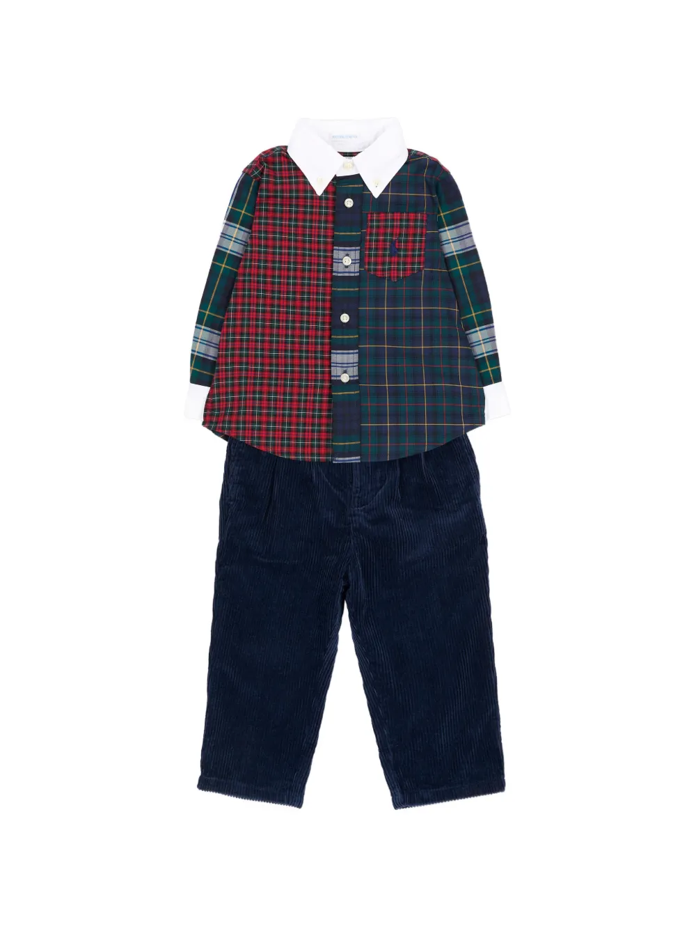 POLO RALPH LAUREN KIDS Set van geruit shirt met patchwork en ribfluwelen broek Blauw