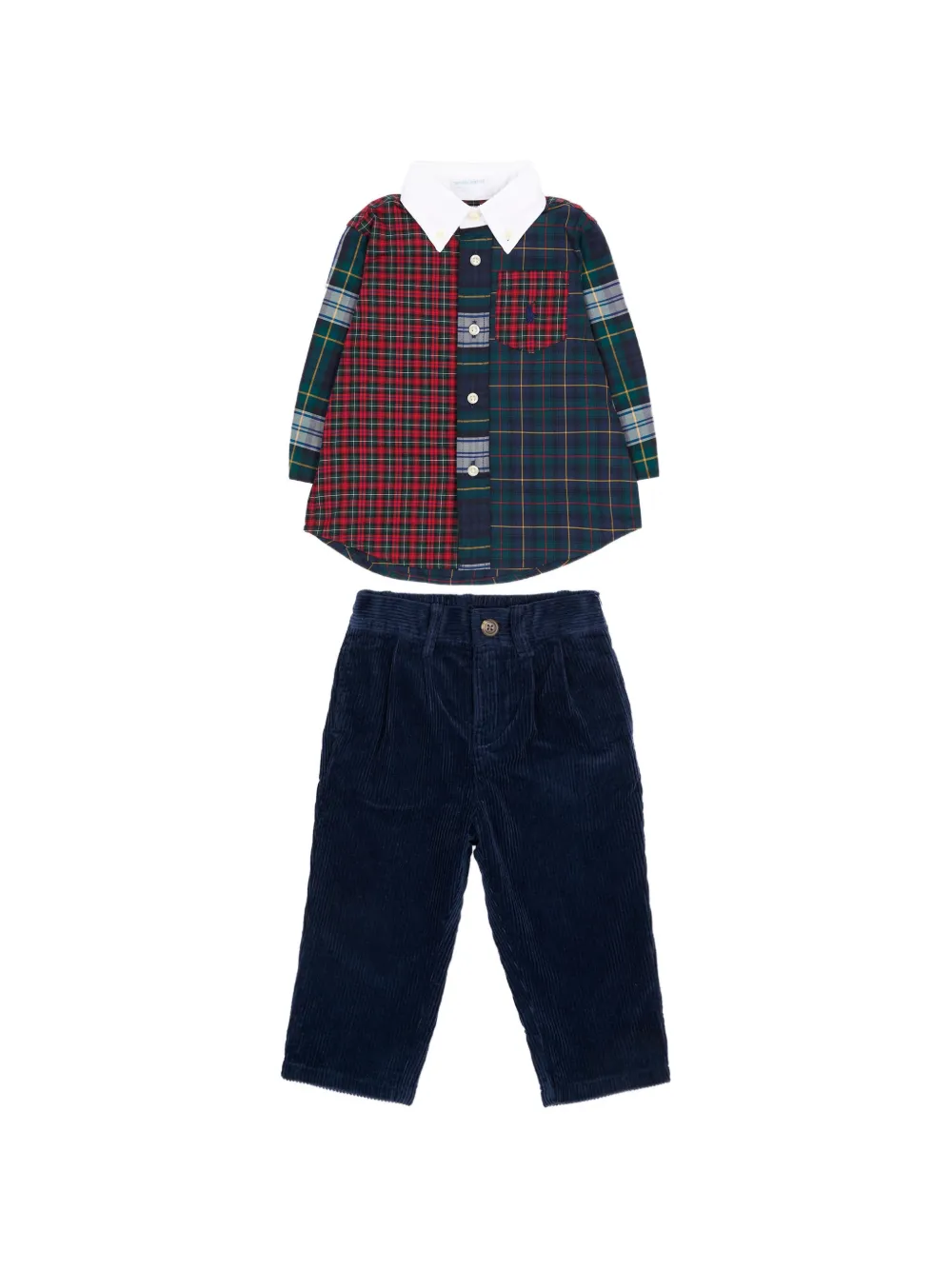 POLO RALPH LAUREN KIDS plaid patchwork shirt and corduroy trousers set - Blau