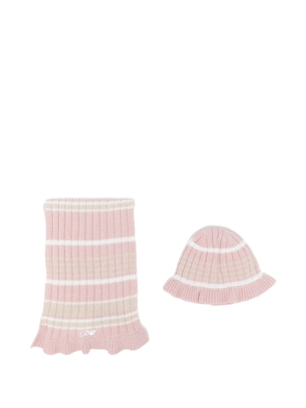 Emporio Ar i Kids striped ruffled scarf and beanie hat set Roze