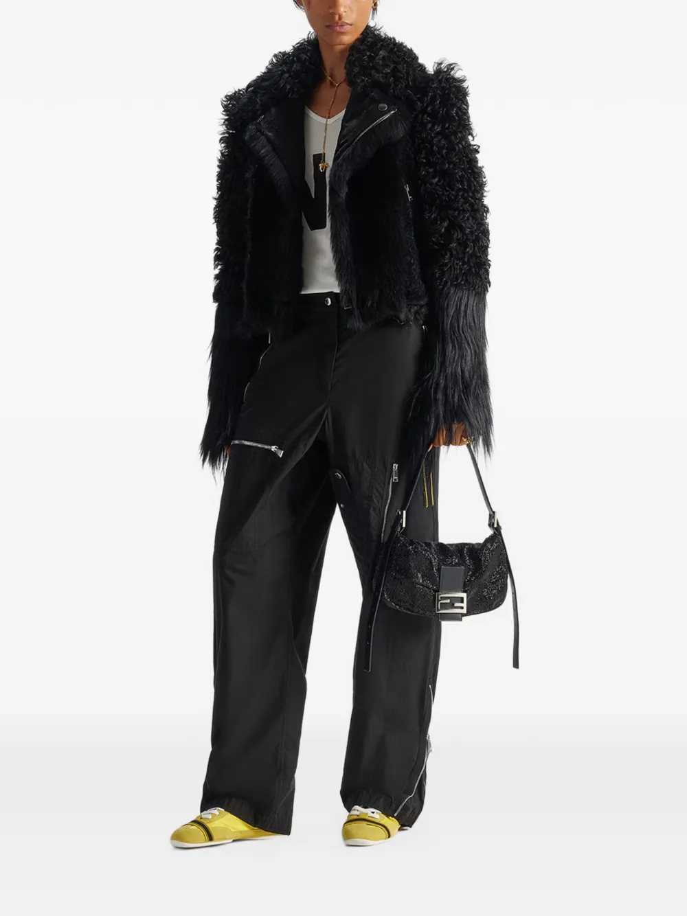 FENDI black patchwork shearling biker jacket Zwart