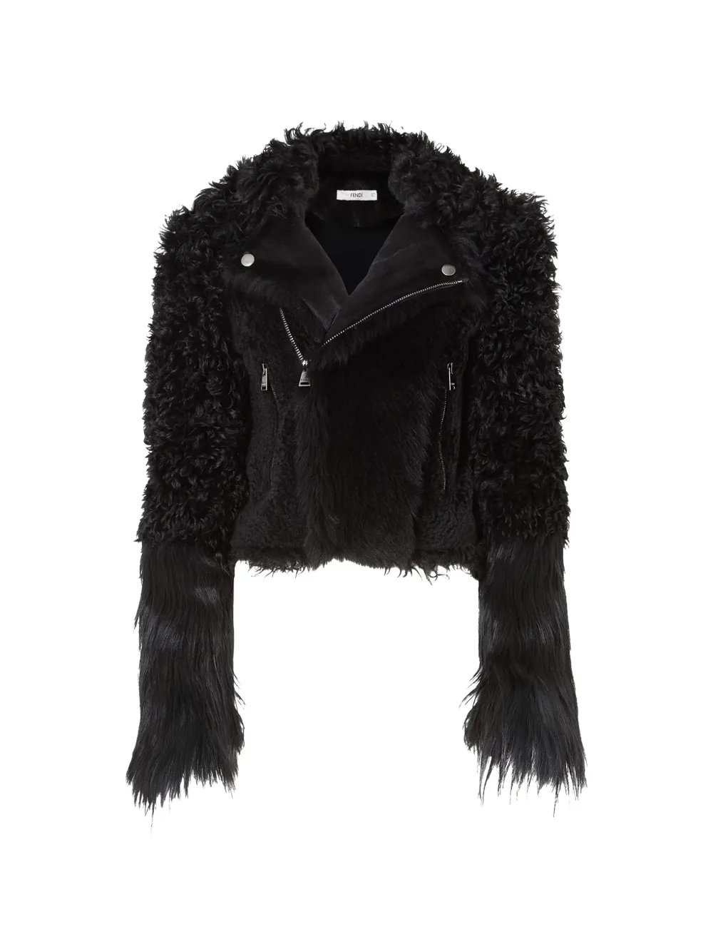FENDI black patchwork shearling biker jacket - Schwarz