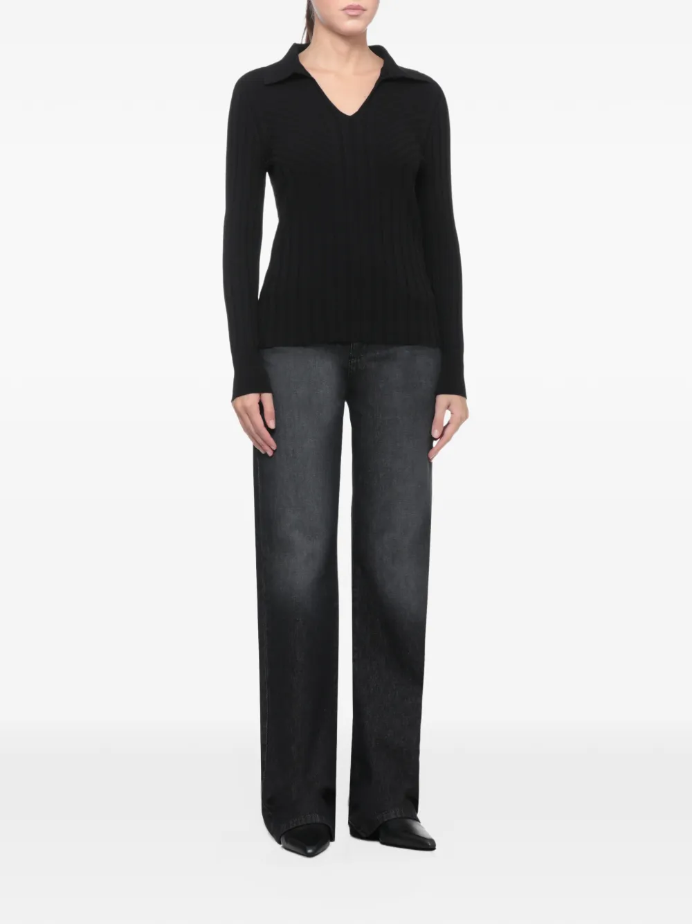 D.Exterior ribbed-knit polo-collar sweater Zwart