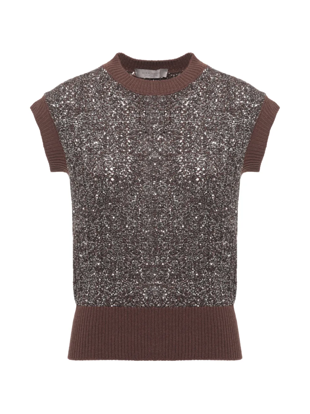 D.Exterior sequin-embellished cap-sleeve knitted top Bruin