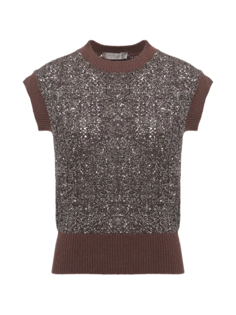 D.Exterior sequin-embellished cap-sleeve knitted top