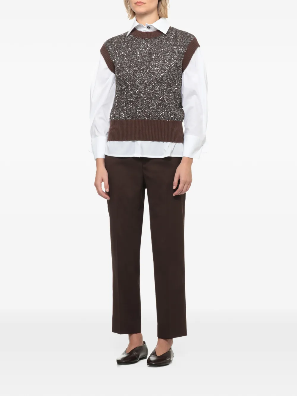 D.Exterior sequin-embellished cap-sleeve knitted top Bruin