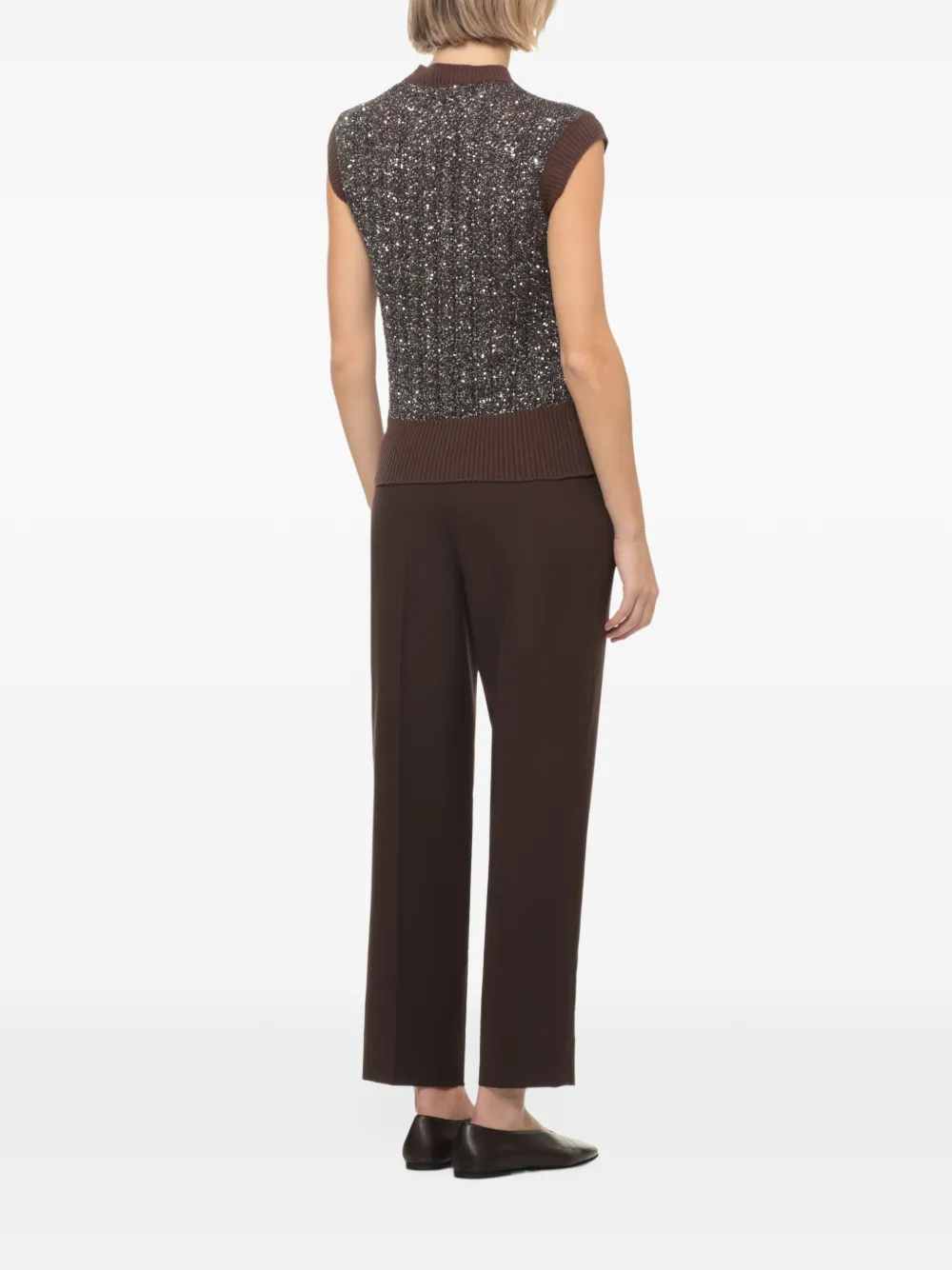 D.Exterior sequin-embellished cap-sleeve knitted top Bruin