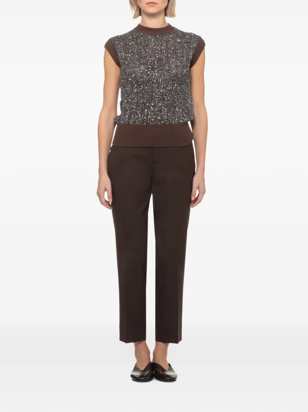 D.Exterior sequin-embellished cap-sleeve knitted top Bruin