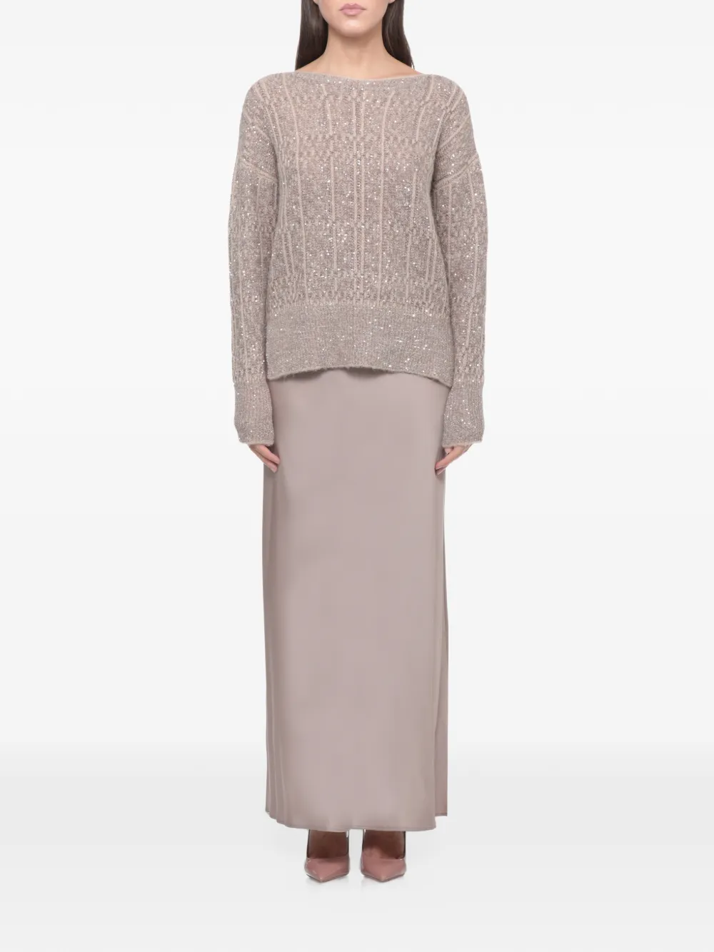 D.Exterior sequin-embellished cable-knit sweater Roze