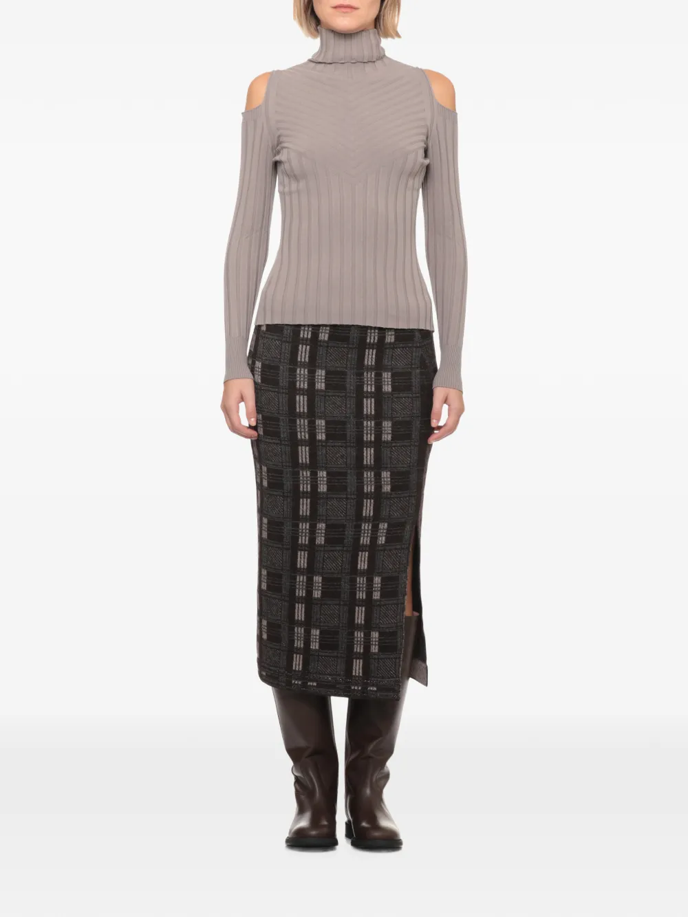 D.Exterior cold-shoulder ribbed-knit long-sleeve T-shirt Grijs