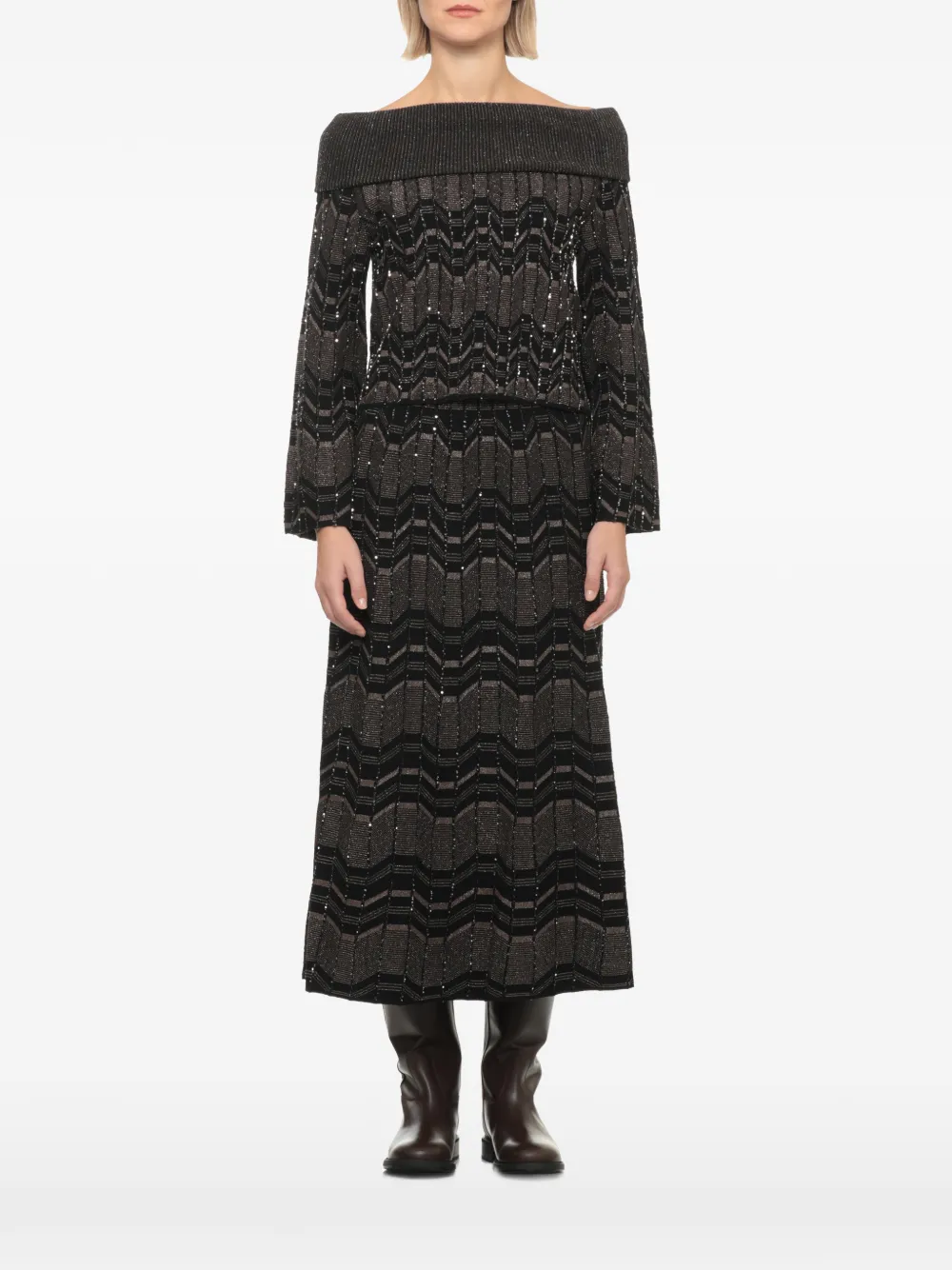 D.Exterior sequin-embellished chevron-knit sweater - Marrone