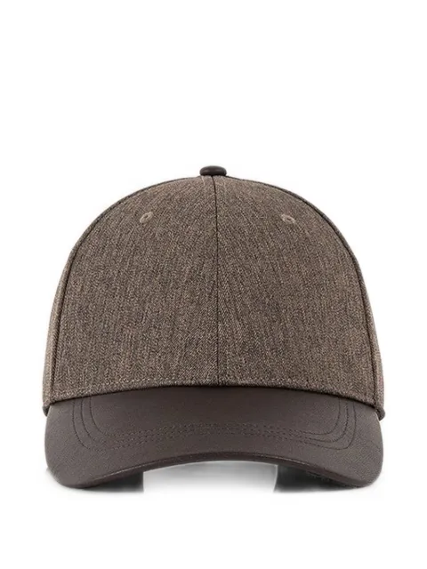 Manière De Voir Ellis in taupe textured tailored cap with leather brim