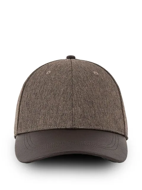 Manière De Voir Ellis in taupe textured tailored cap with leather brim